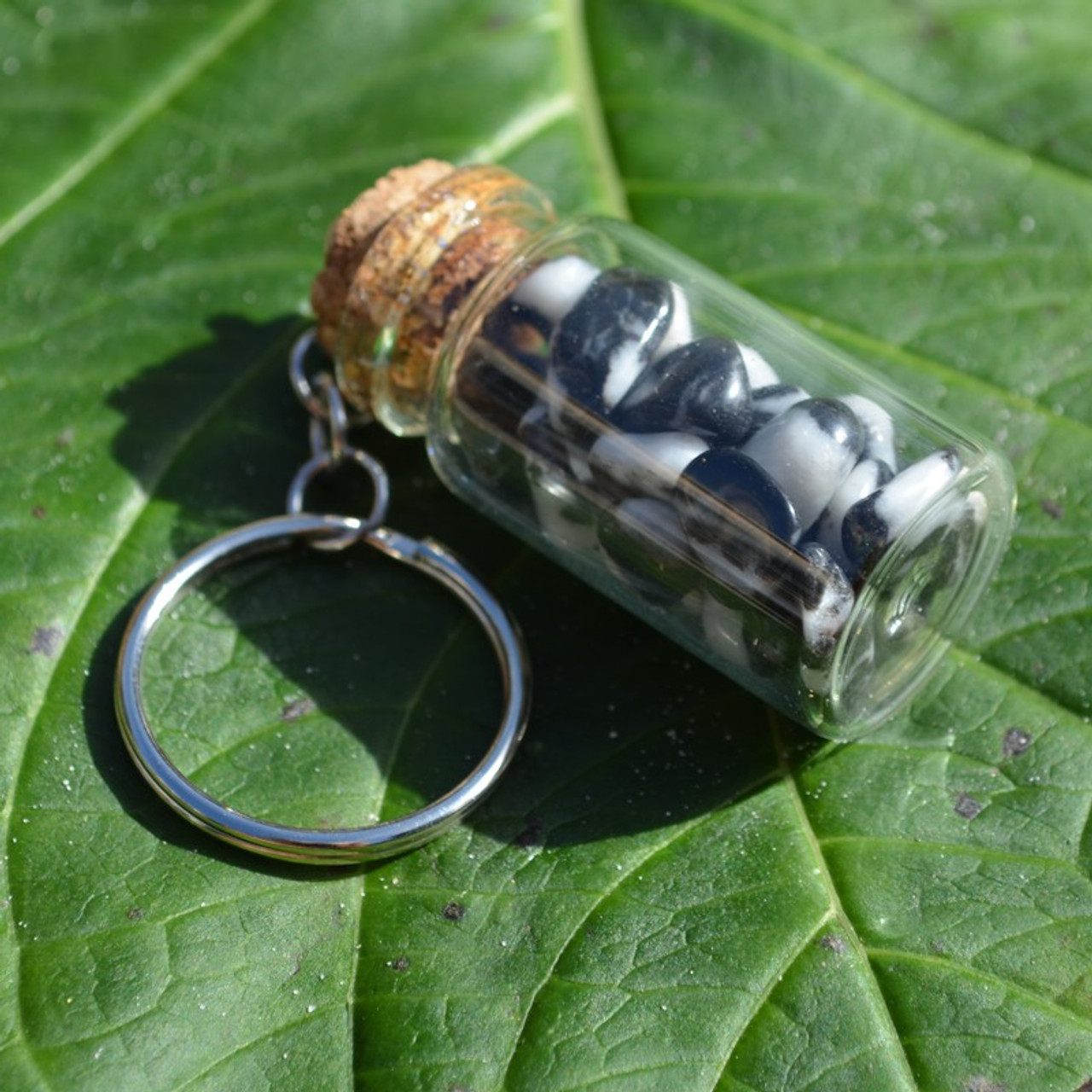 Marble Zebra Jasper Stones in a Glass Vial Keychain