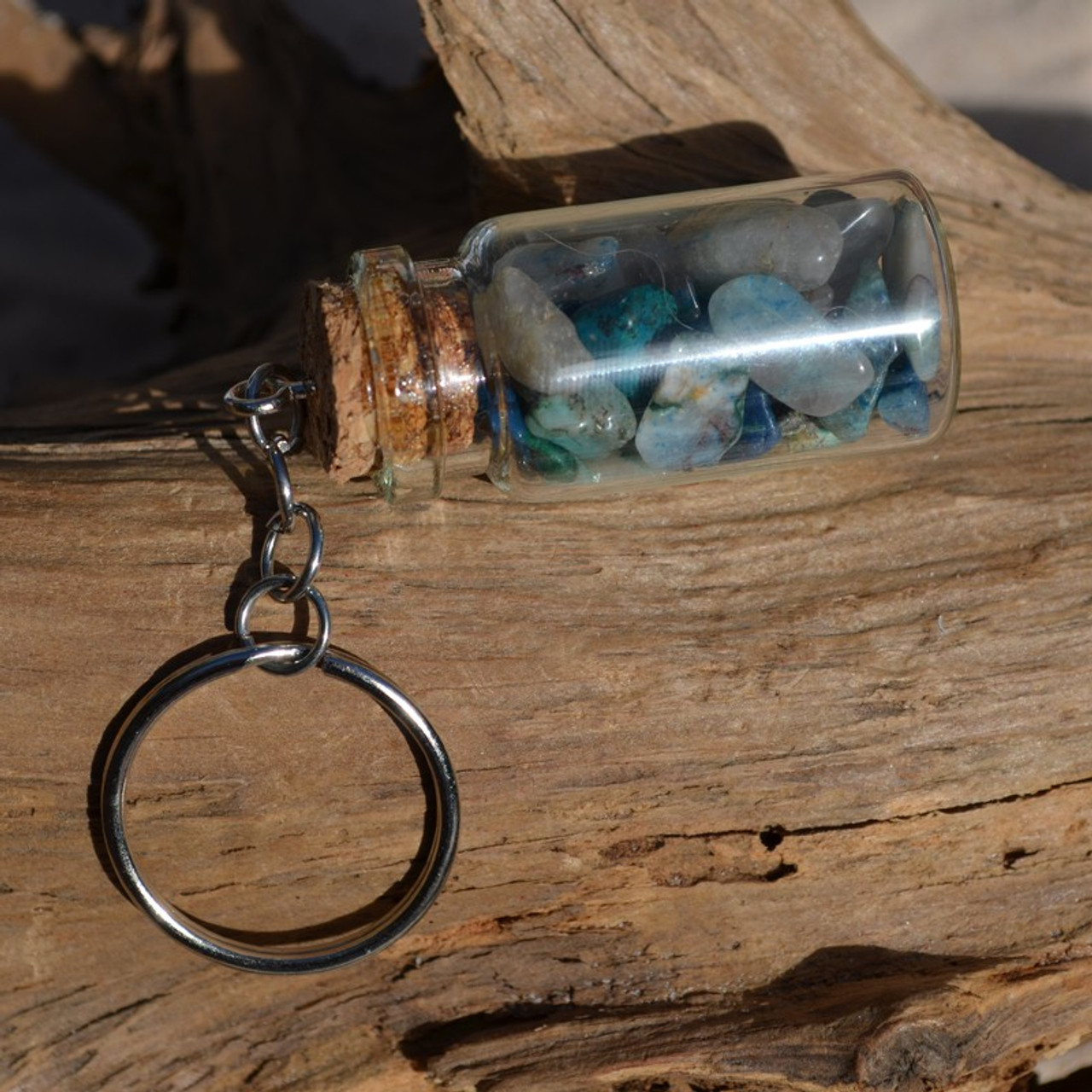 Chrysocolla Stones in a Glass Vial Keychain - Made to Order