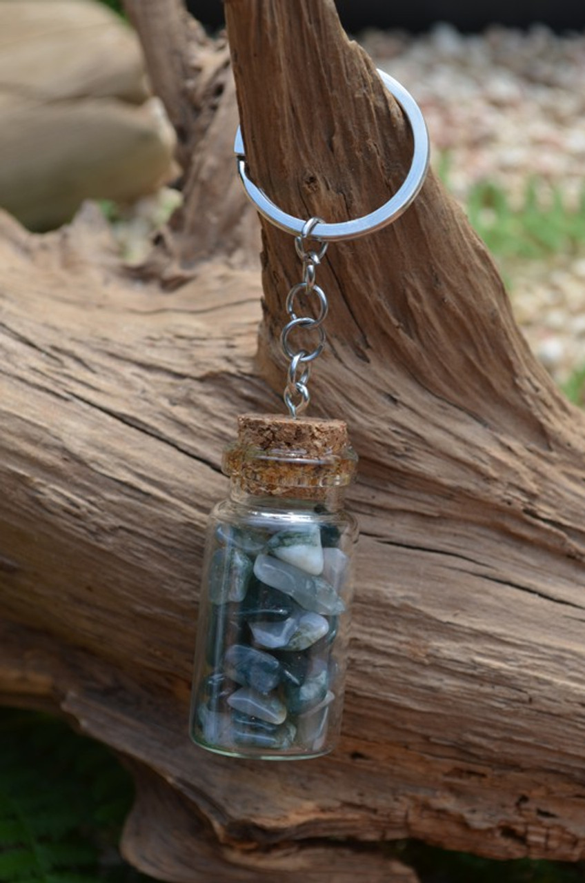 Moss Agate Stones in a Glass Vial Keychain