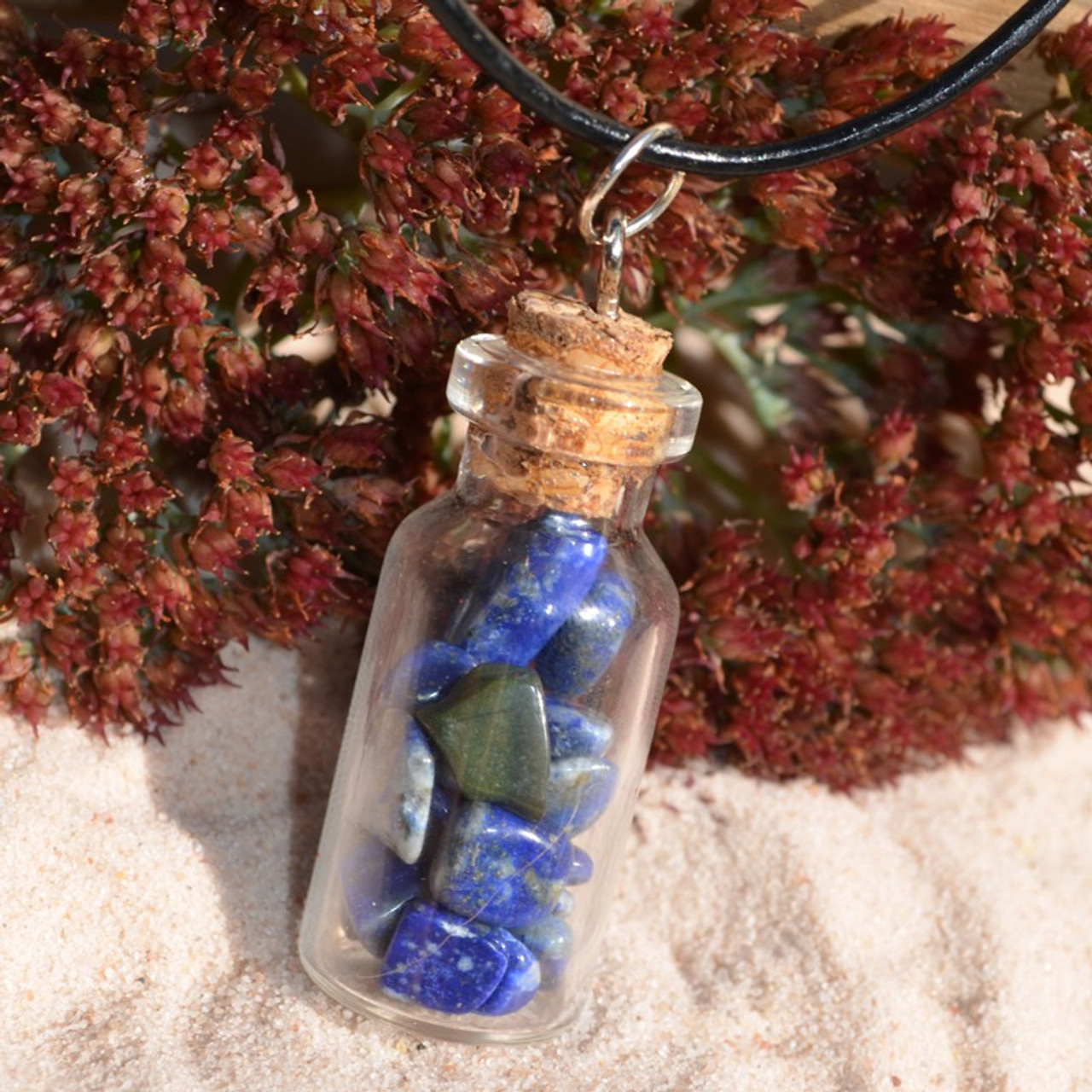 Lapis Lazuli Stones in a Glass Vial on a Leather Cord Necklace