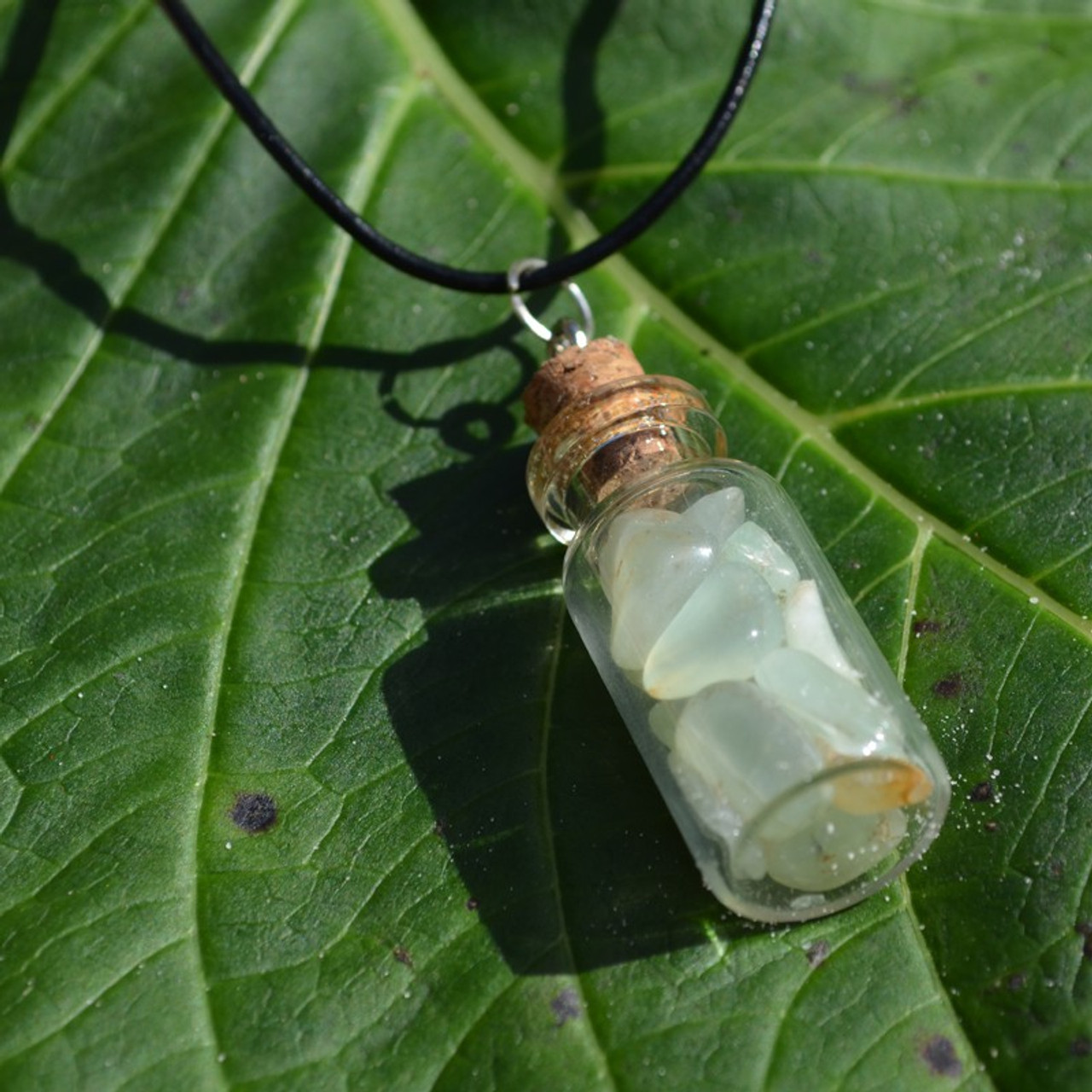 Prehnite Stones in a Glass Vial on a Leather Cord Necklace 
