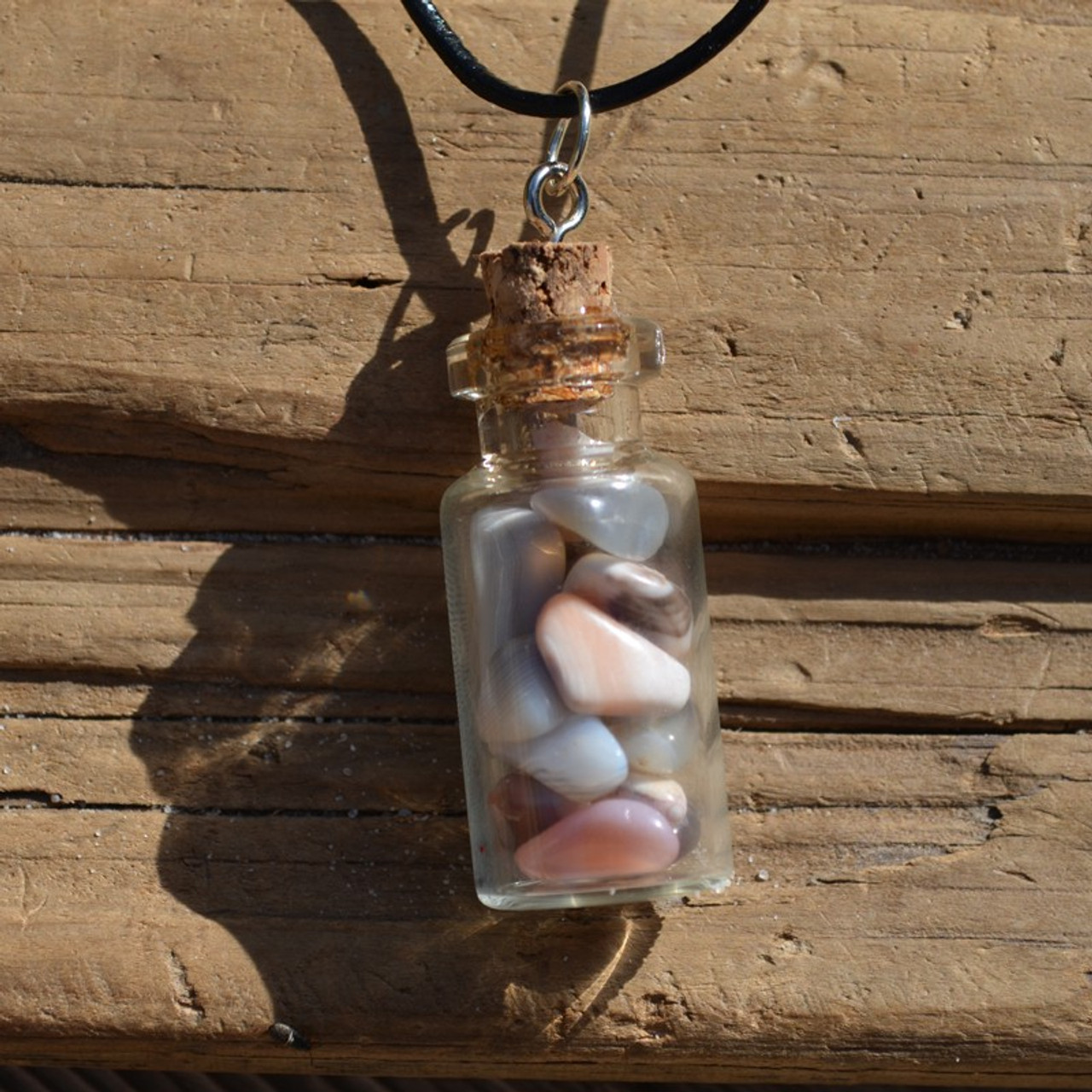 Pink Botswana Agate Stones in a Glass Vial on a Leather Cord Necklace 