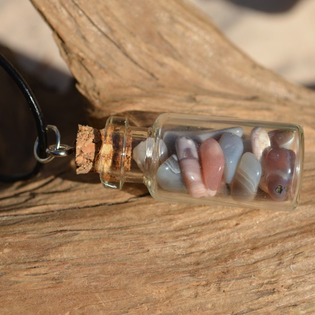 Pink Botswana Agate Stones in a Glass Vial on a Leather Cord Necklace 