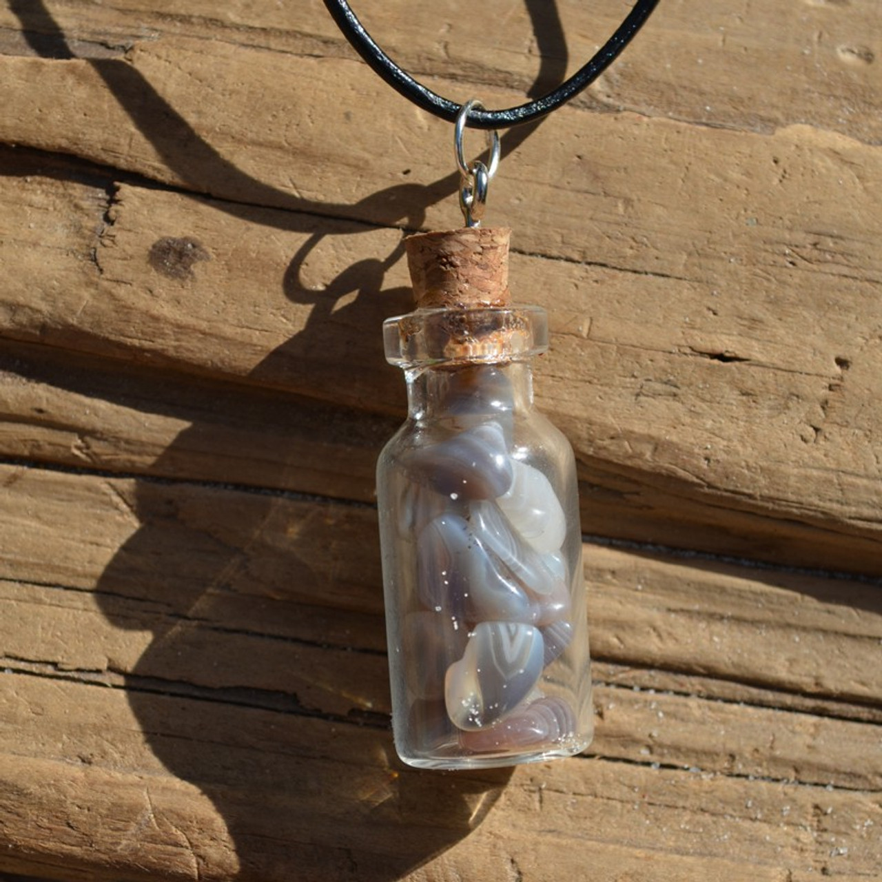 Gray Banded Agate Stones in a Glass Vial on a Leather Cord Necklace