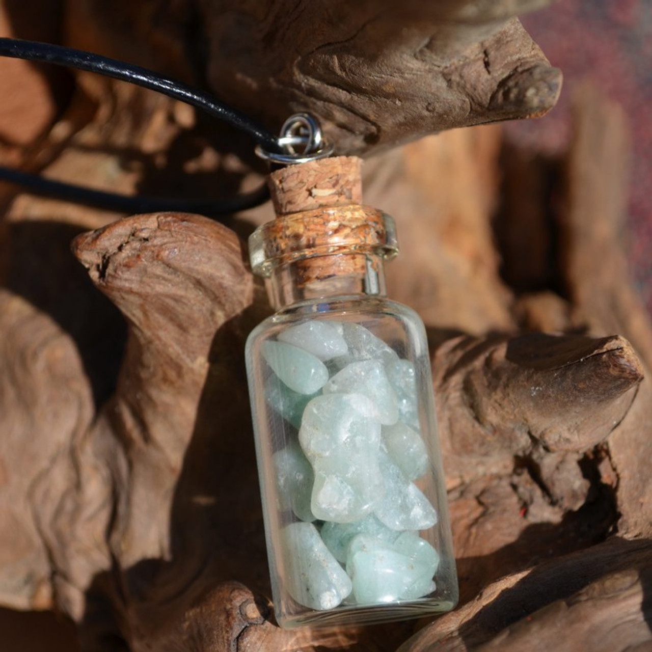 Green Aventurine Stones in a Glass Vial on a Leather Cord Necklace