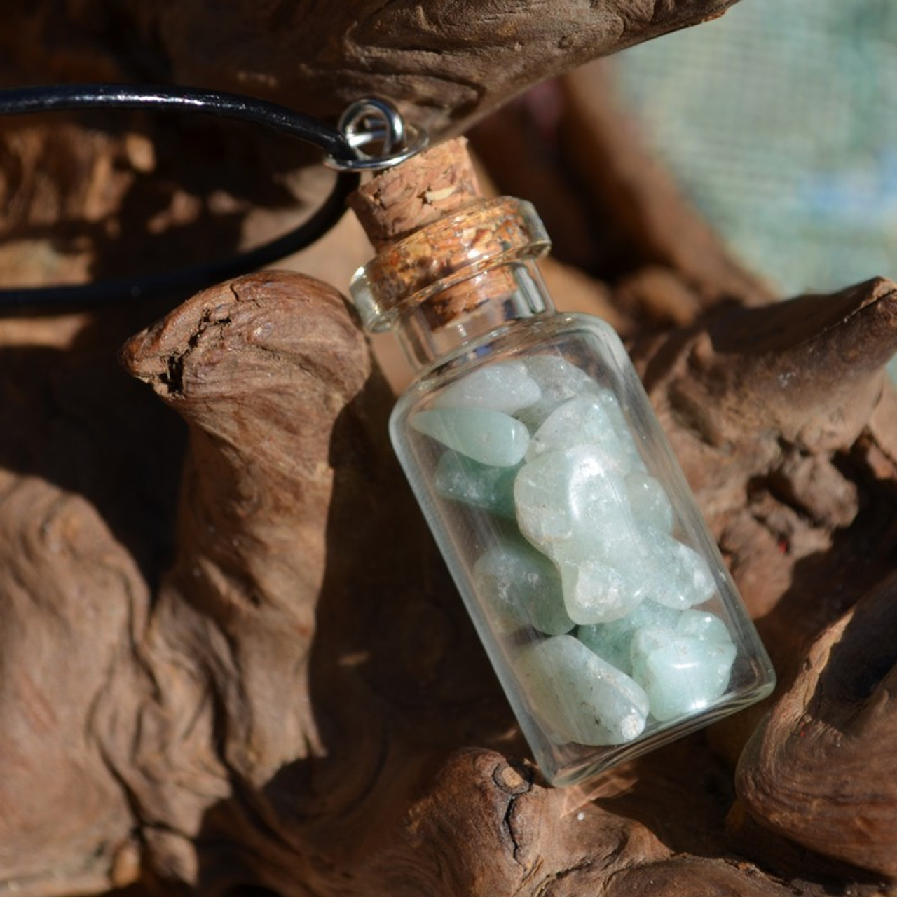 Green Aventurine Stones in a Glass Vial on a Leather Cord Necklace - Made to Order