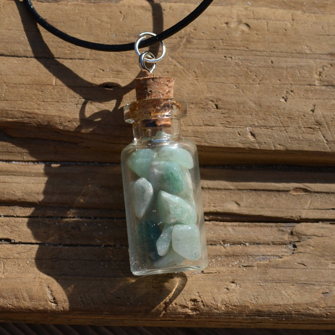 Green Aventurine Stones in a Glass Vial on a Leather Cord Necklace