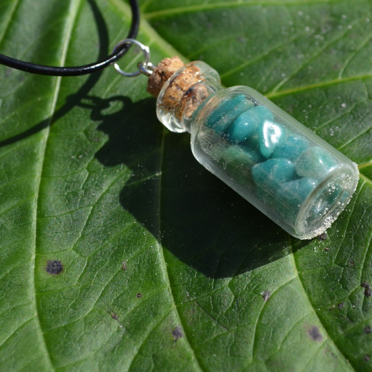 Amazonite Stones in a Glass Vial on a Leather Cord Necklace