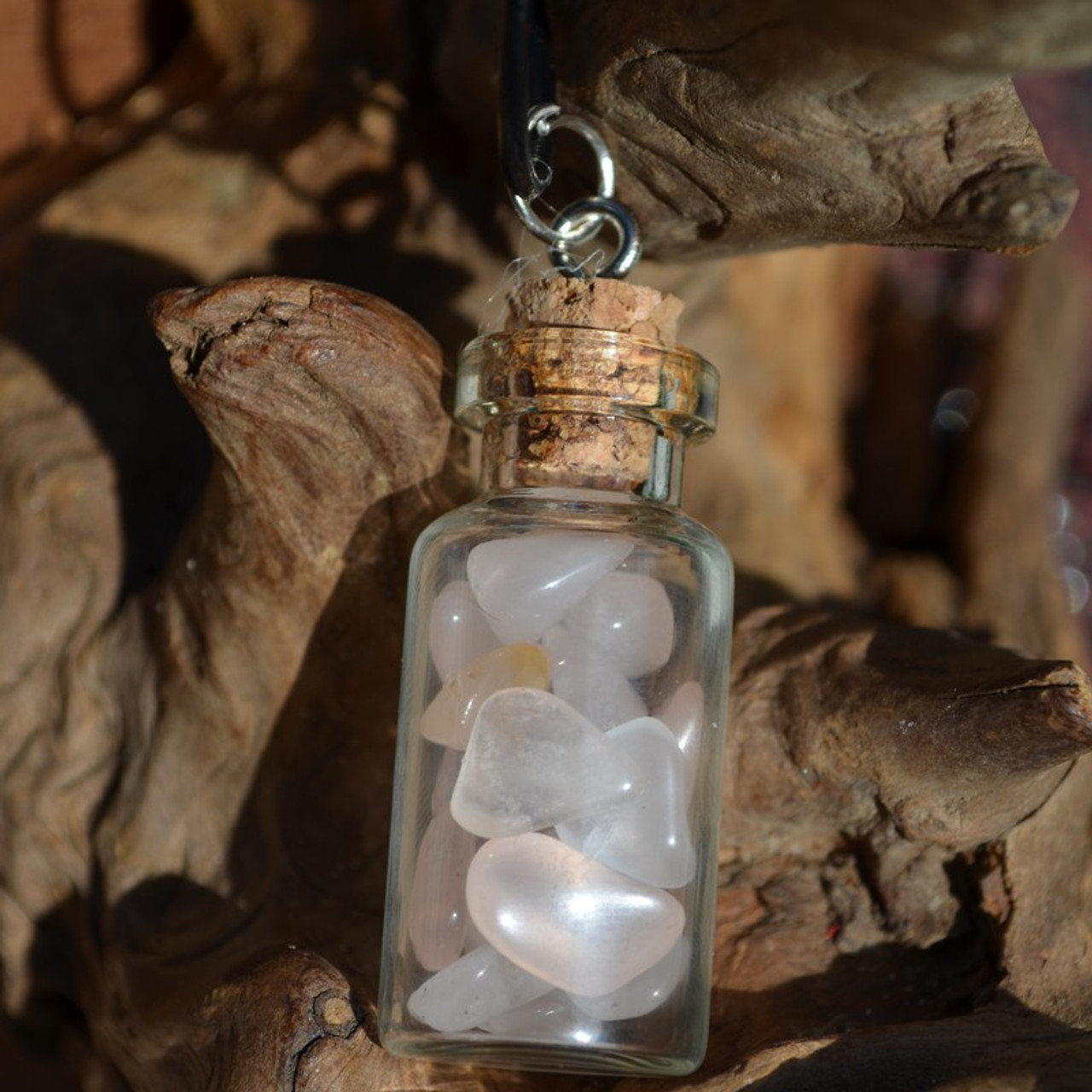 Rose Quartz Quartz Stones in a Glass Vial on a Leather Cord Necklace 