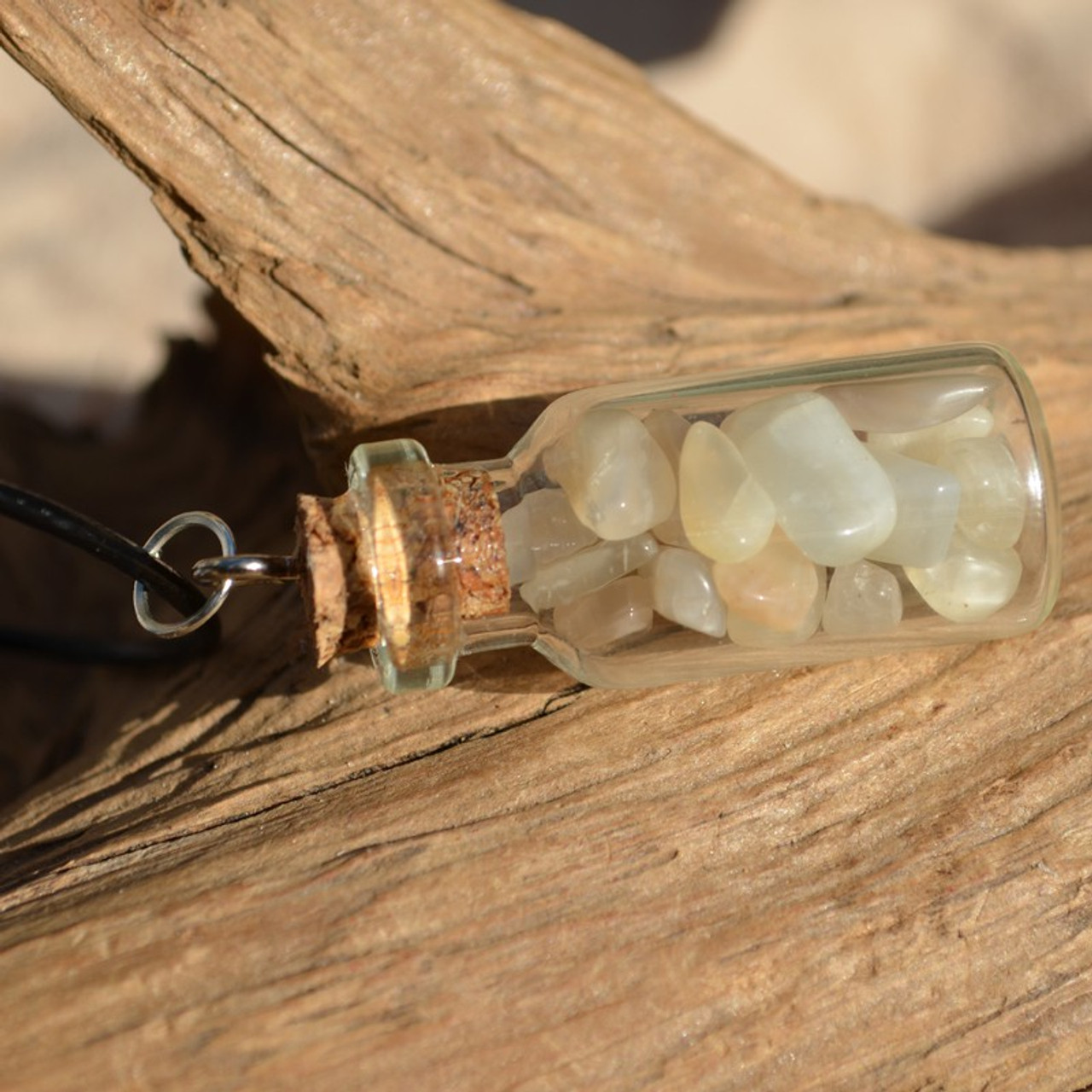 Moonstones in a Glass Vial on a Leather Cord Necklace
