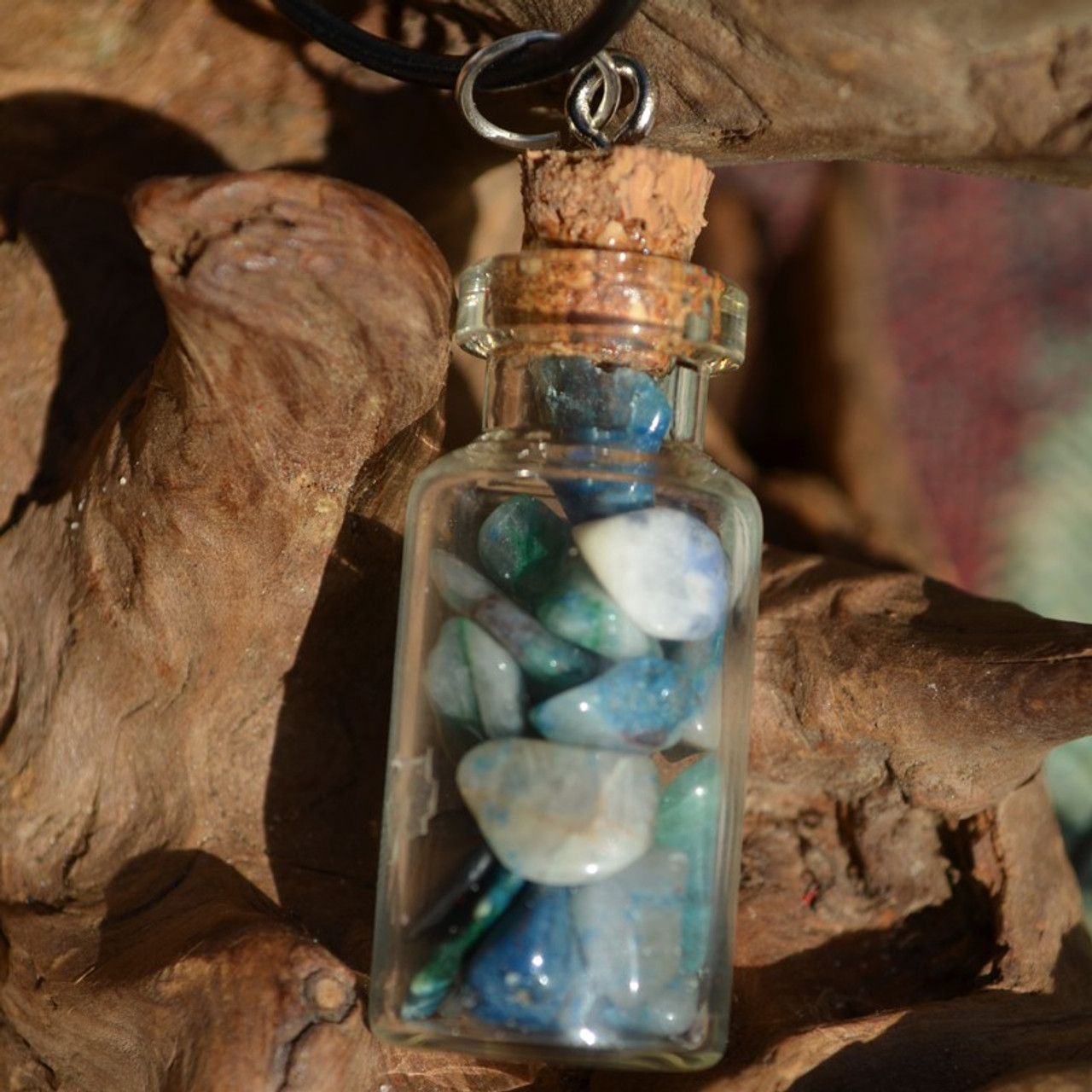 Chrysocolla Stones in a Glass Vial on a Leather Cord Necklace