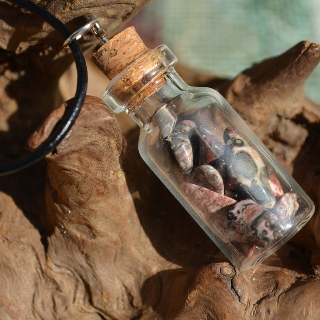 Leopard Skin Jasper Stones in a Glass Vial on a Leather Cord Necklace