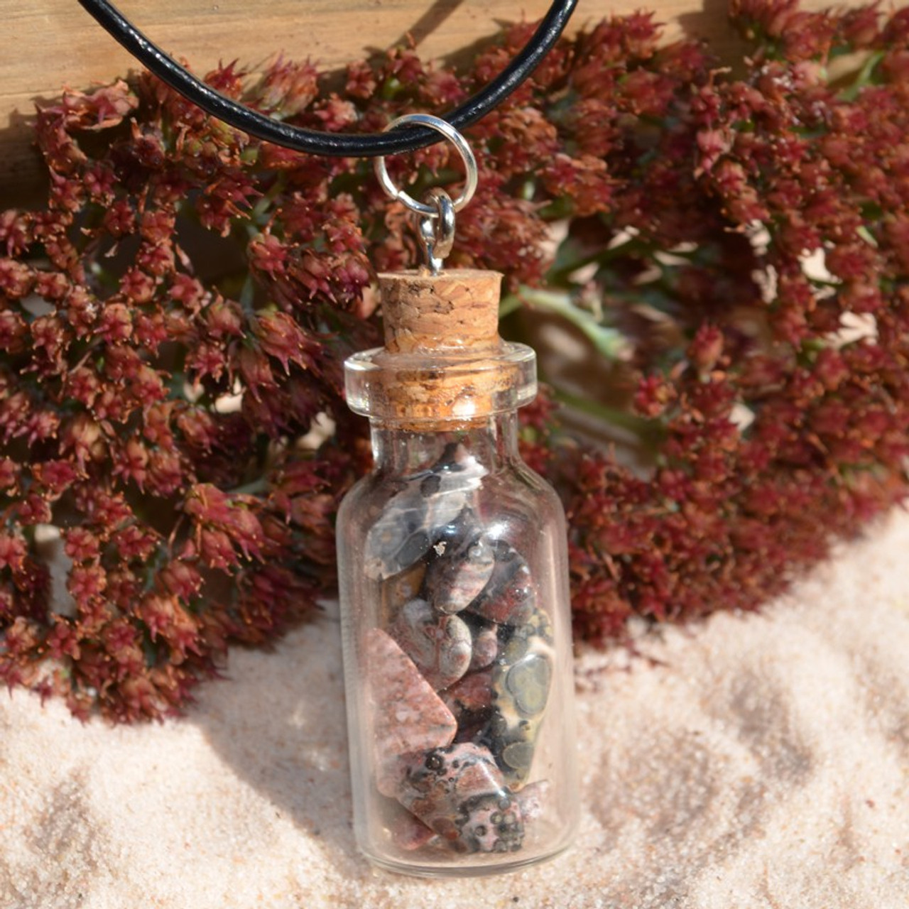 Leopard Skin Jasper Stones in a Glass Vial on a Leather Cord Necklace