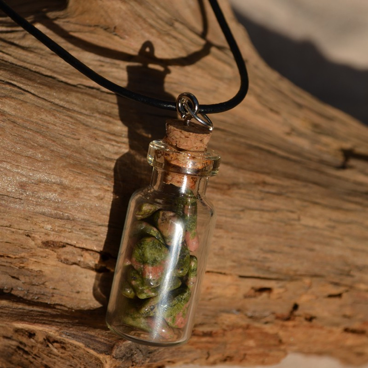 Unakite Jasper Stones in a Glass Vial on a Leather Cord Necklace 