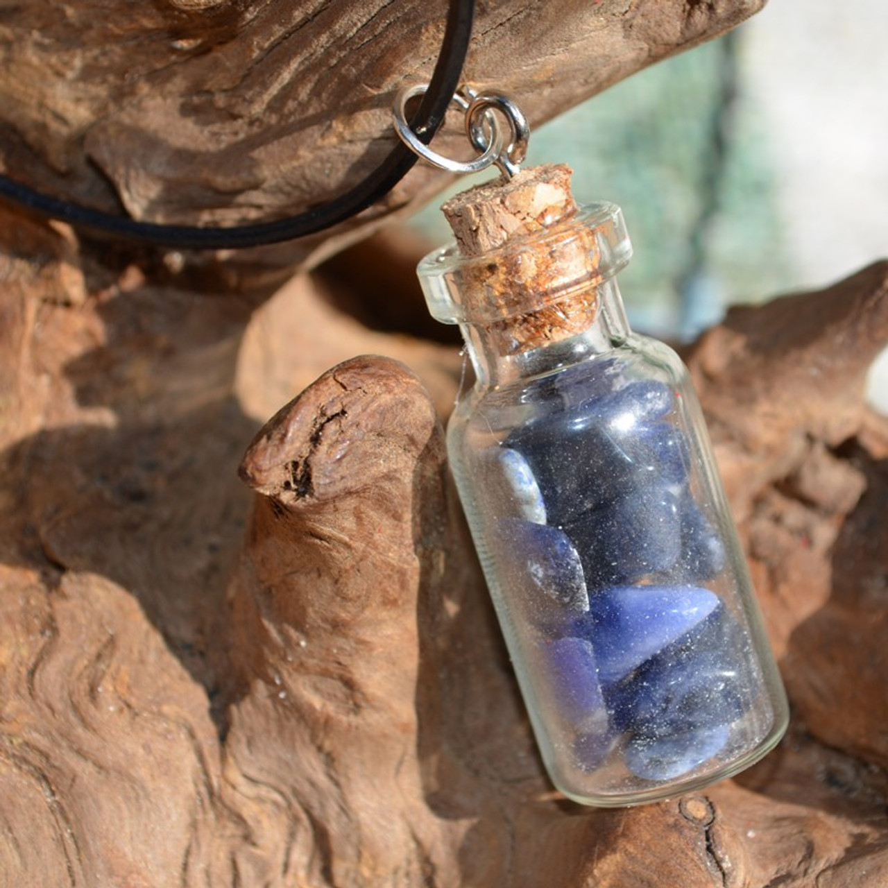 Sodalite Stones in a Glass Vial on a Leather Cord Necklace