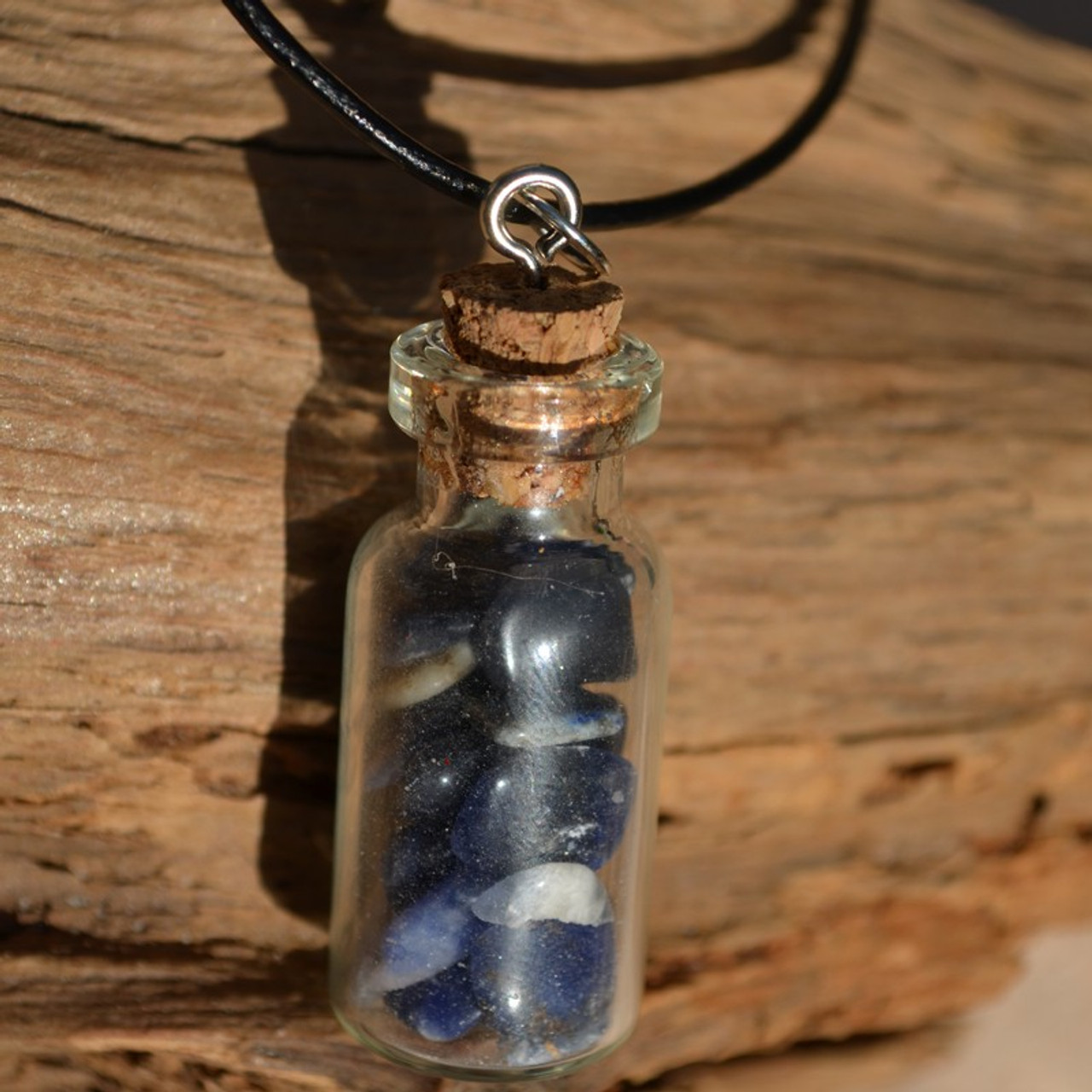 Sodalite Stones in a Glass Vial on a Leather Cord Necklace