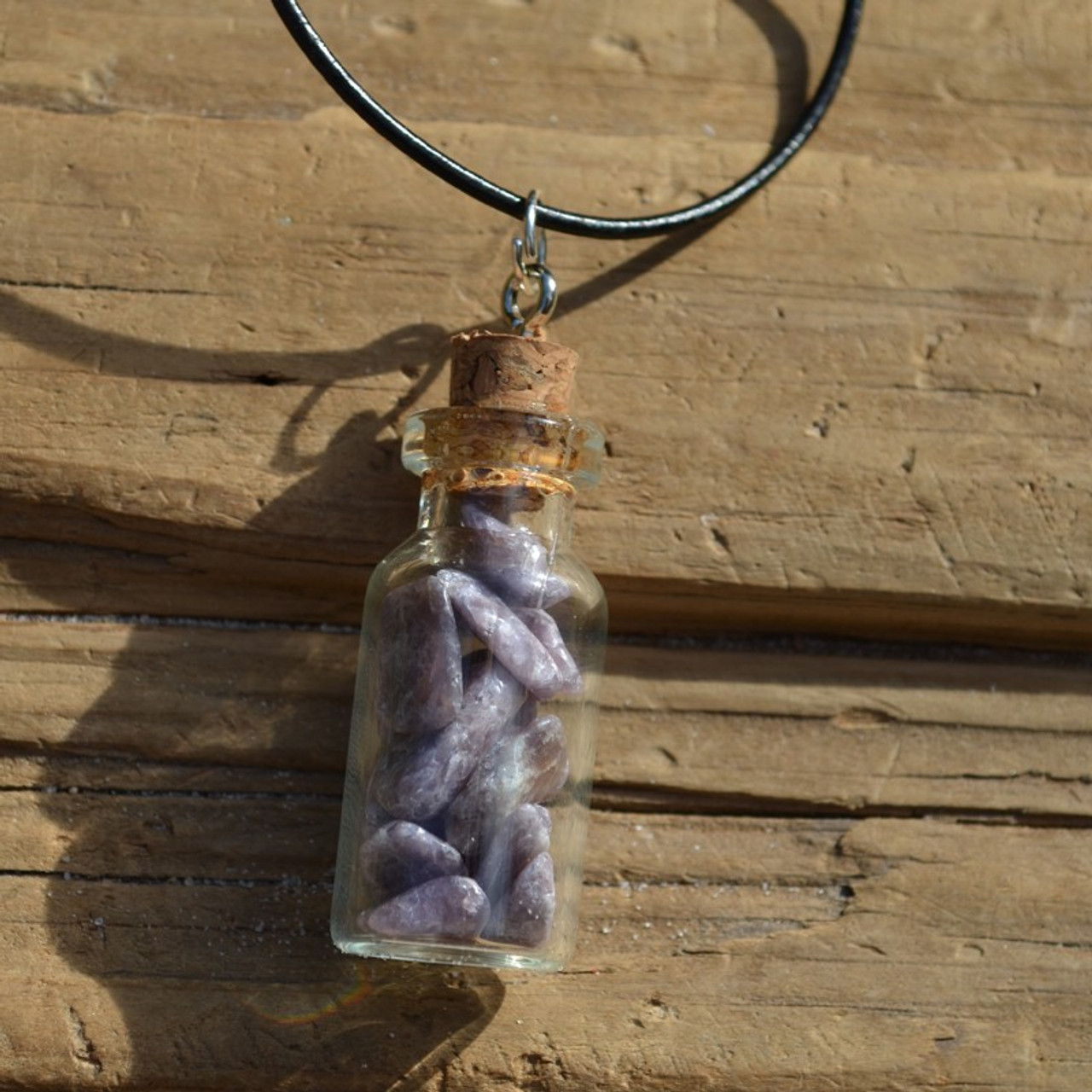 Lepidolite Stones in a Glass Vial on a Leather Cord Necklace - Made to Order