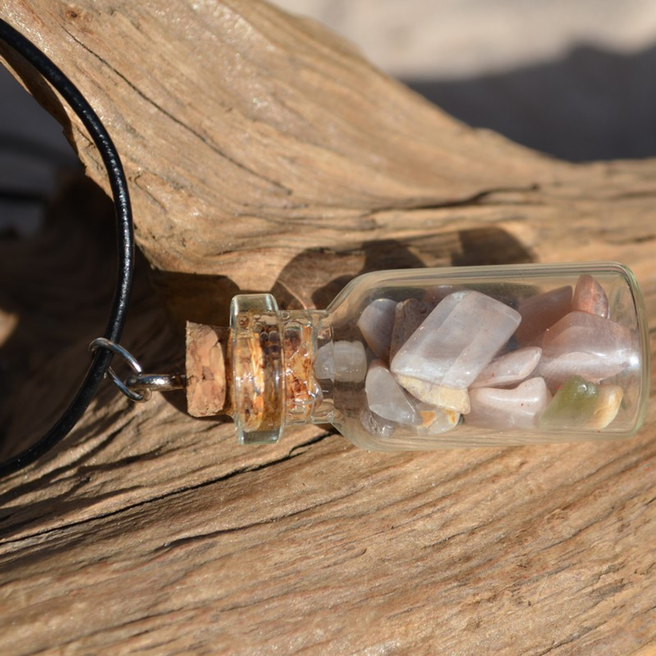 Peach Moonstones in a Glass Vial on a Leather Cord Necklace