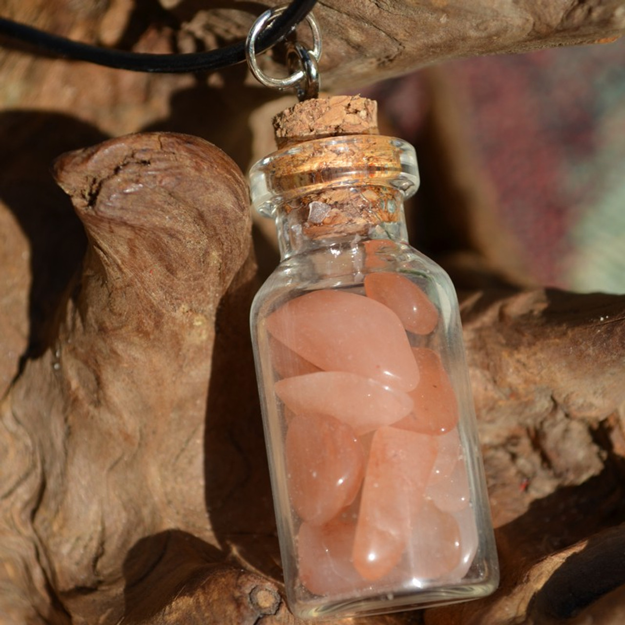 Peach Quartz Quartz Stones in a Glass Vial on a Leather Cord Necklace 