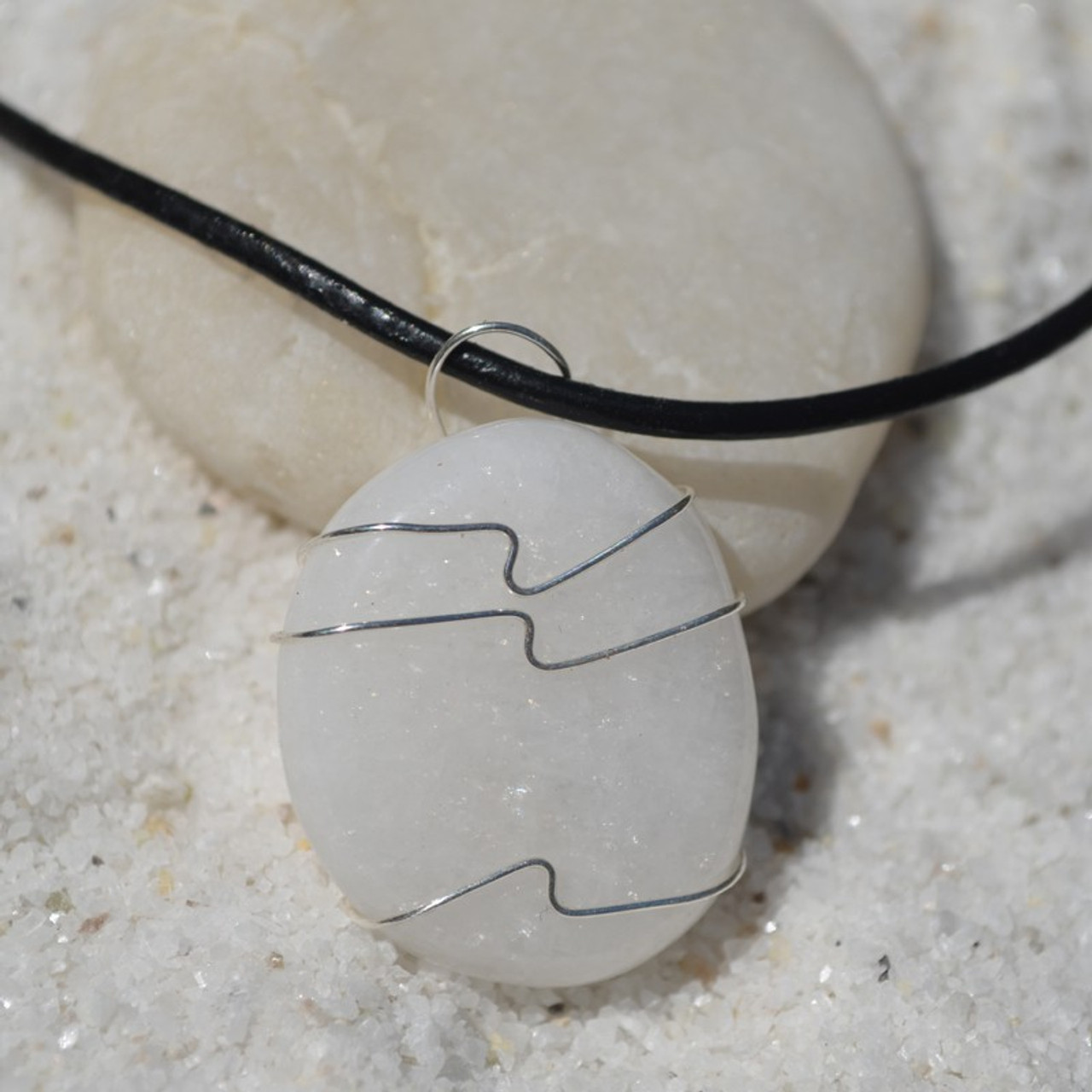 White Jade Palm Stone Hand Wire Wrapped on a Leather Thong Necklace