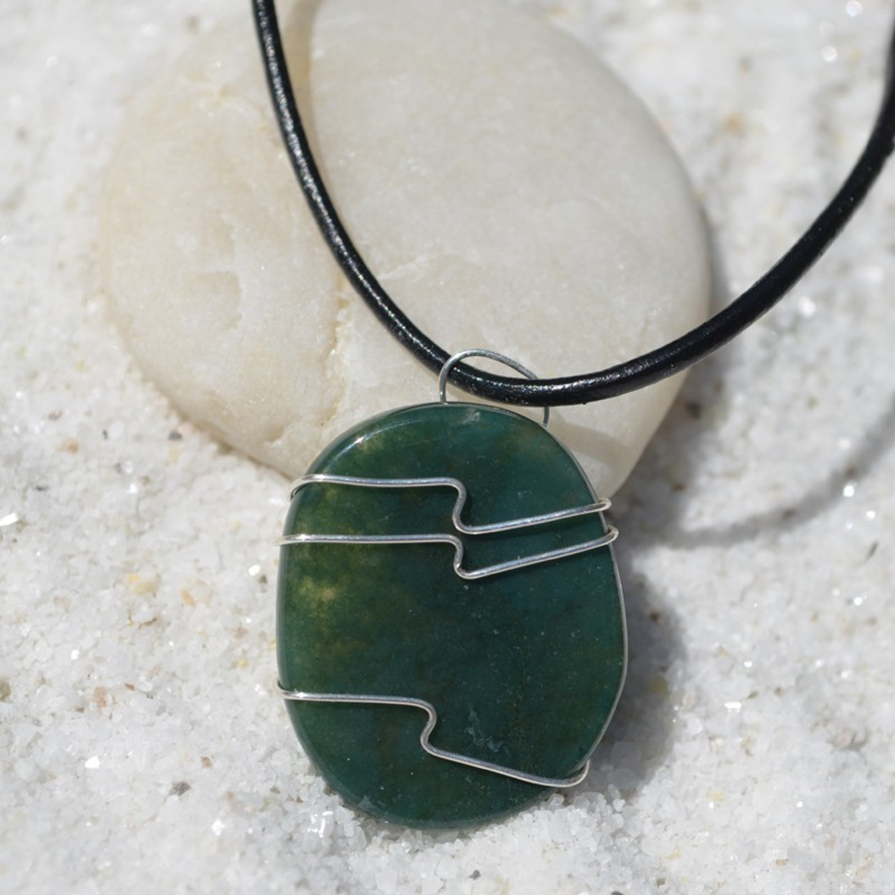 Green Moss Agate Palm Stone Hand Wire Wrapped Necklace