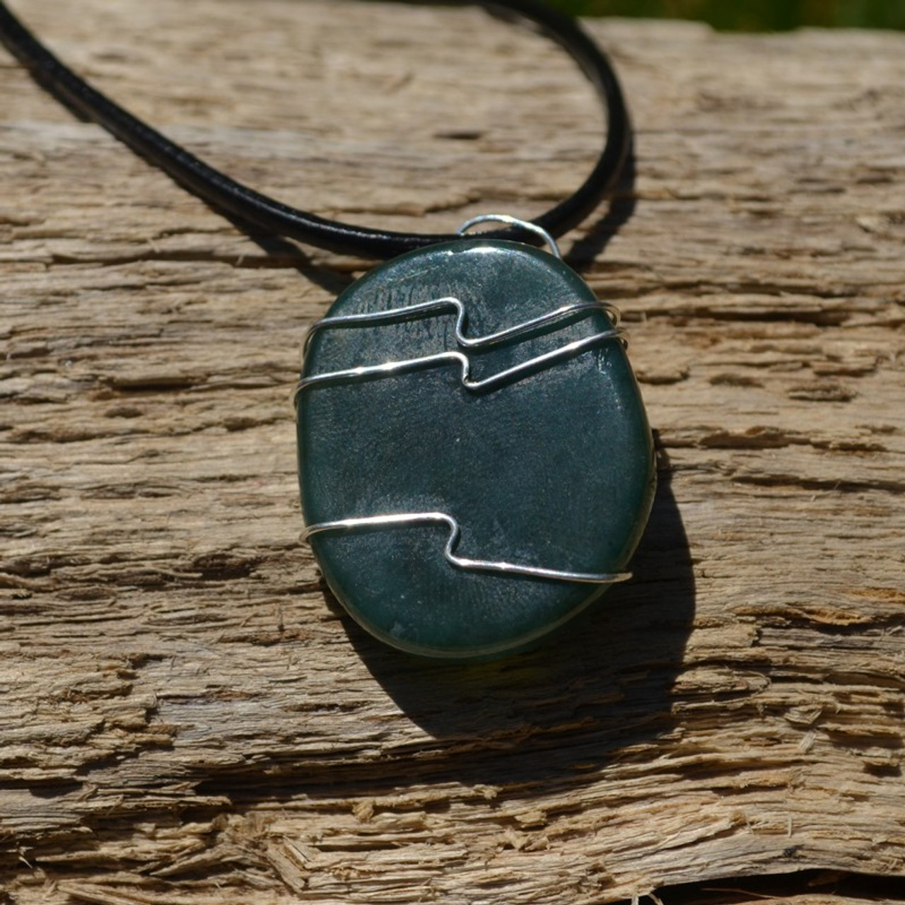 Green Moss Agate Palm Stone Hand Wire Wrapped on a Leather Thong Necklace - Made to Order