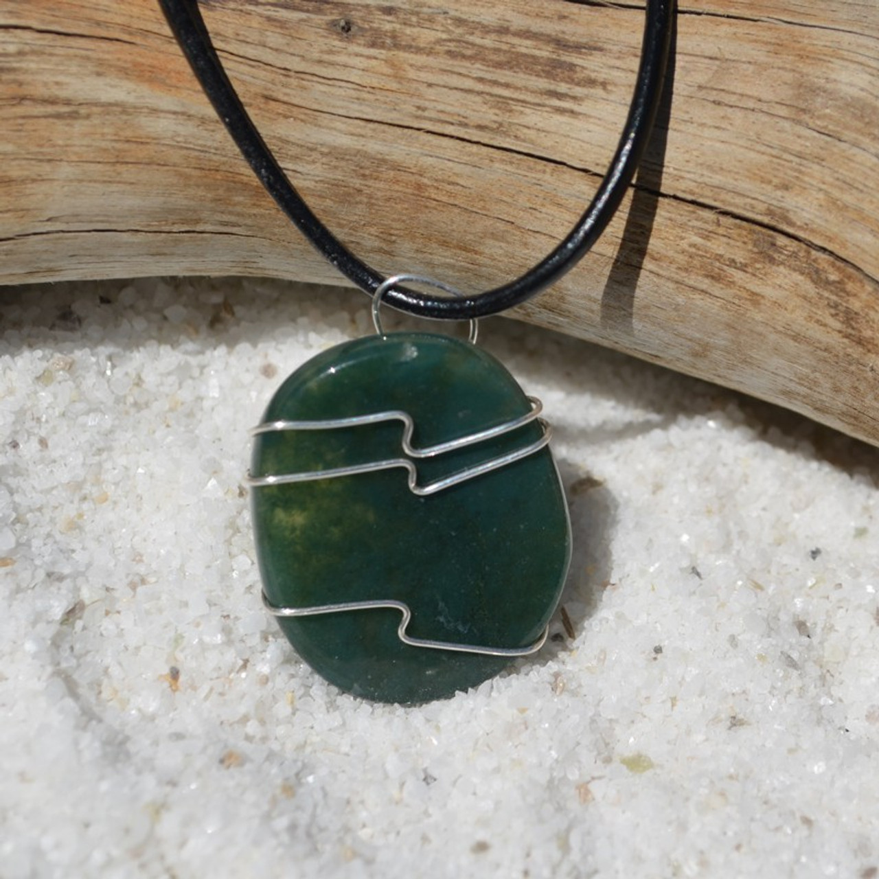 Green Moss Agate Palm Stone Hand Wire Wrapped Necklace