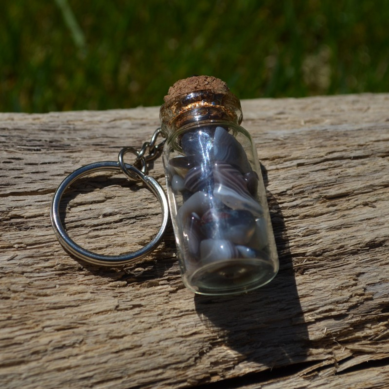 Gray Banded Agate Stones in a Glass Vial Keychain