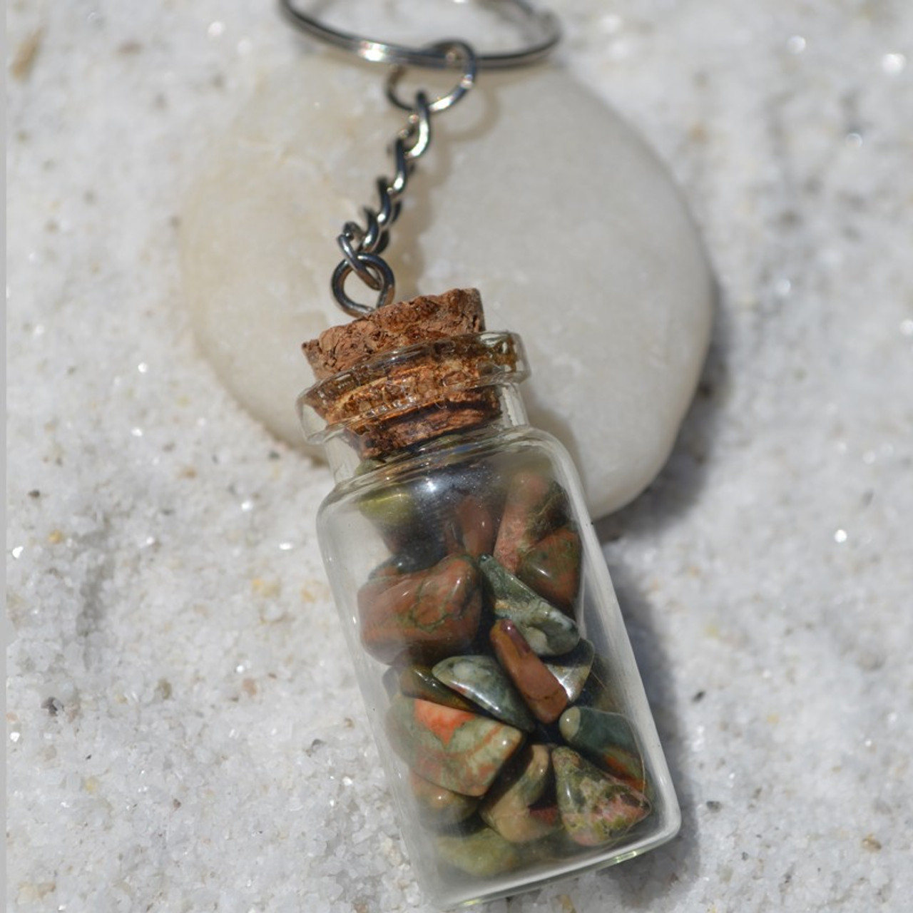 Rainforest Rhyolite Stones in a Glass Vial Keychain