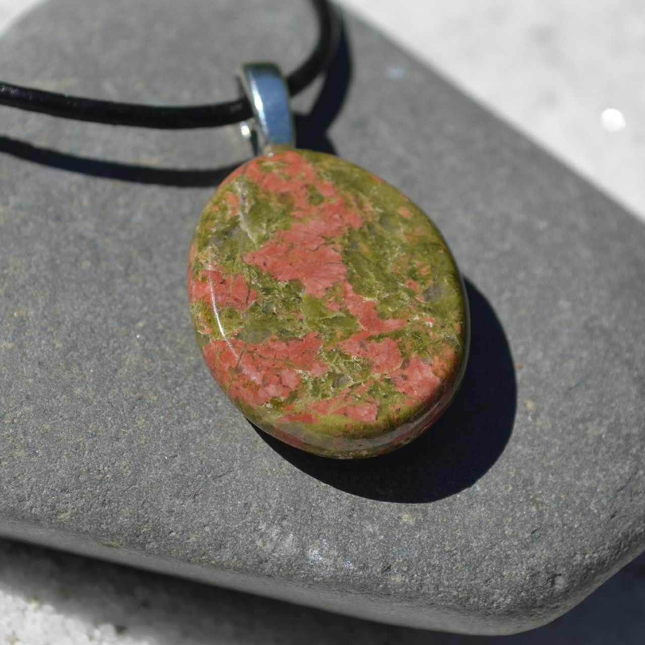 Unakite Jasper Palm Stone on a Leather Thong Necklace - Made to Order