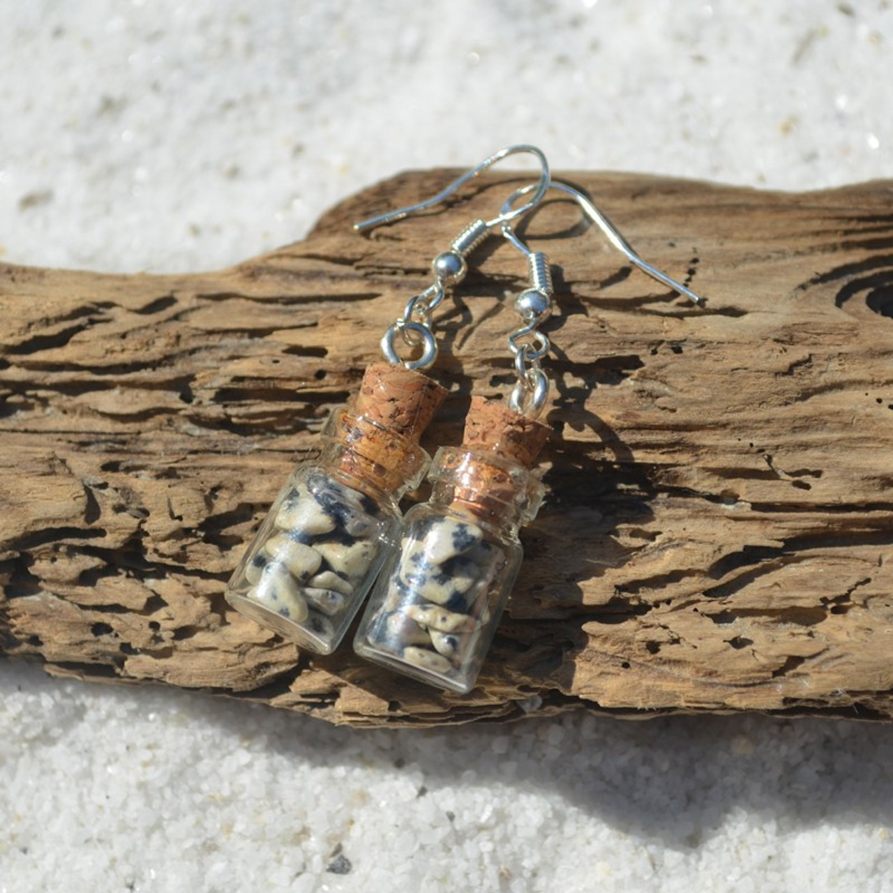 Dalmatian Stones  in Delicate Glass Vial Earrings