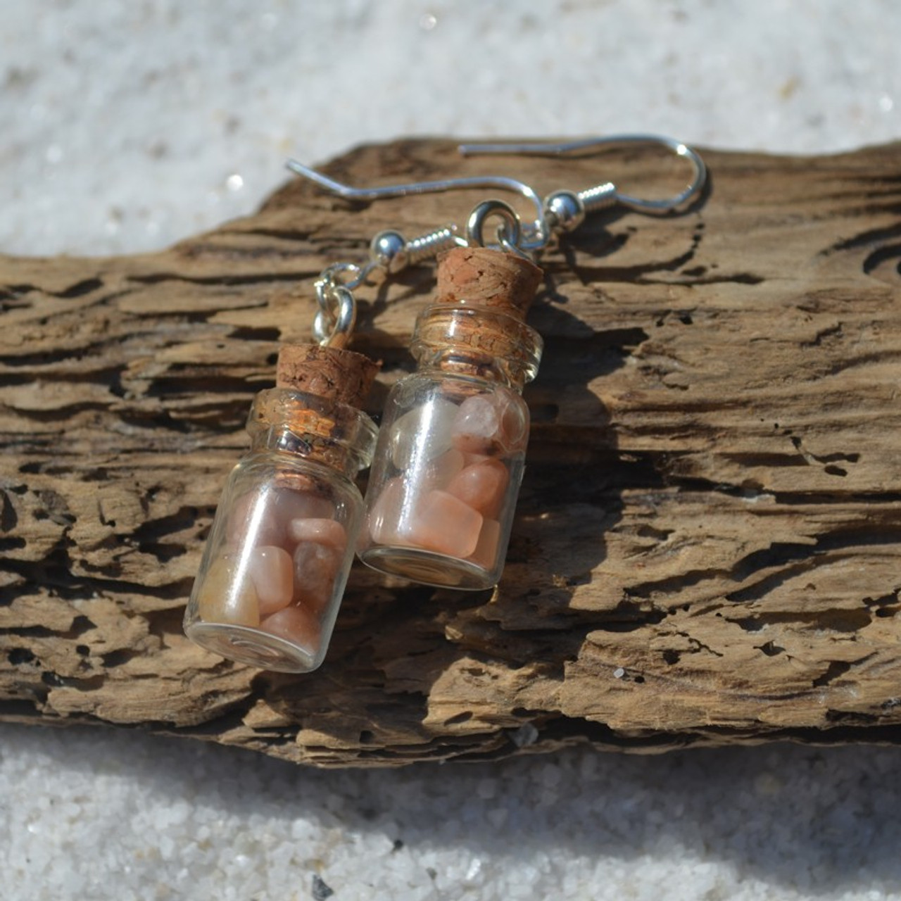 Peach Moonstones in Delicate Glass Vial Earrings