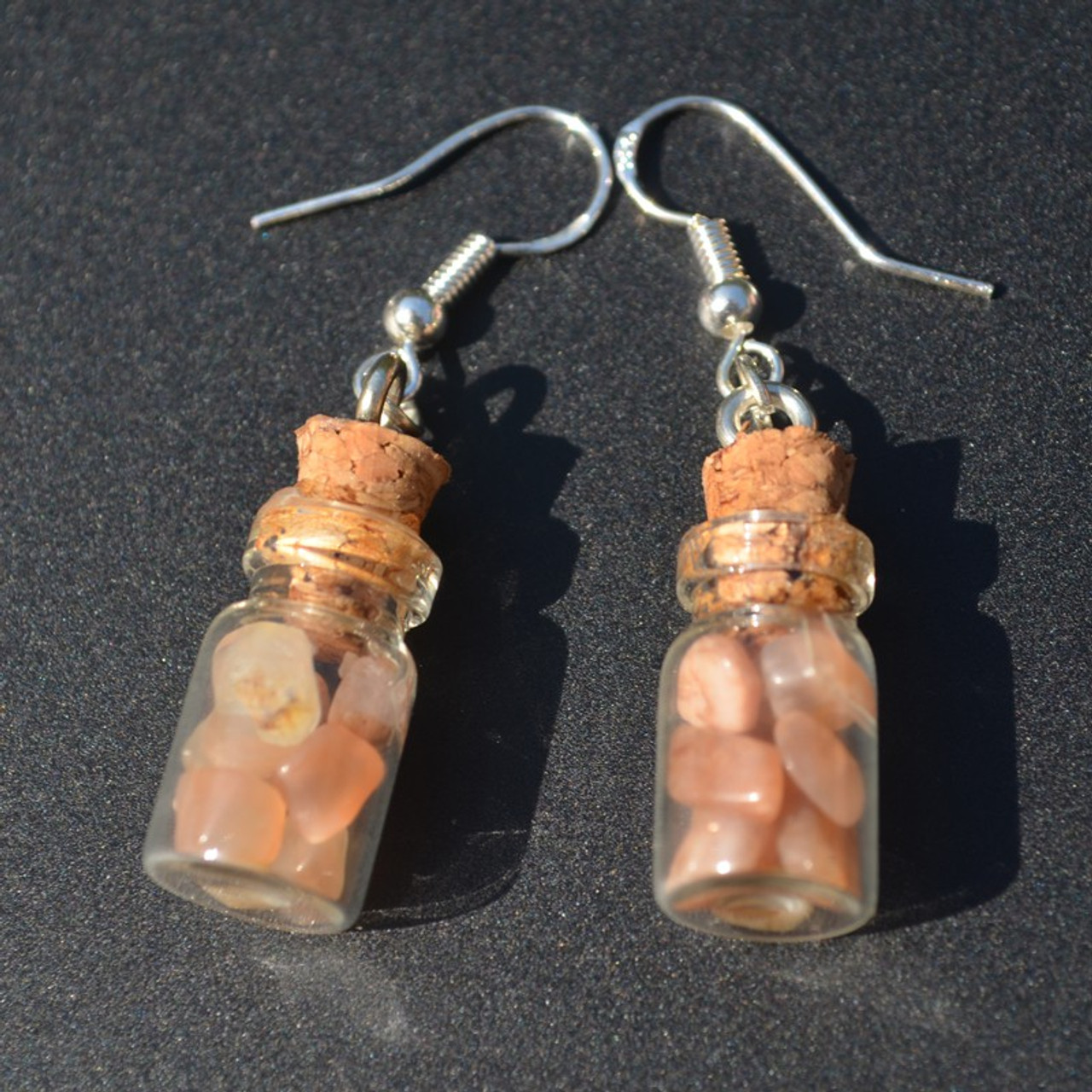 Peach Moonstones in Delicate Glass Vial Earrings