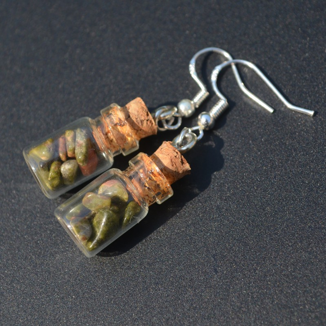 Unakite Jasper Stones in Delicate Glass Vial Earrings