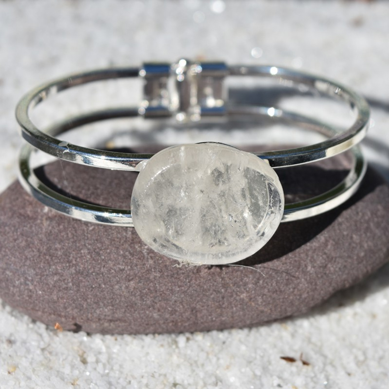 Clear Crystal Quartz Palm Stone Silver Bangle Cuff Bracelet