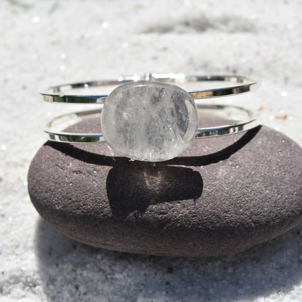 Clear Crystal Quartz Palm Stone Silver Bangle Cuff Bracelet - Made to Order