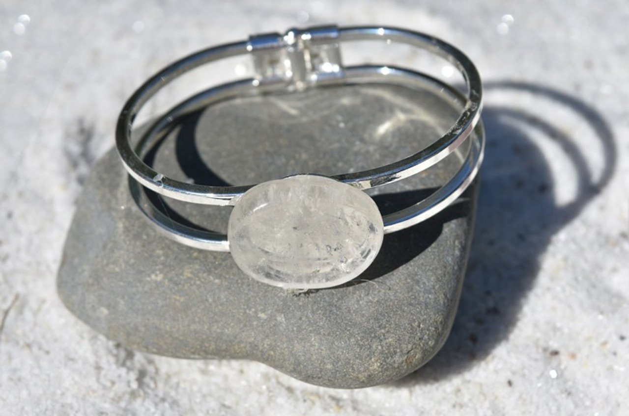 Clear Crystal Quartz Palm Stone Silver Bangle Cuff Bracelet - Made to Order