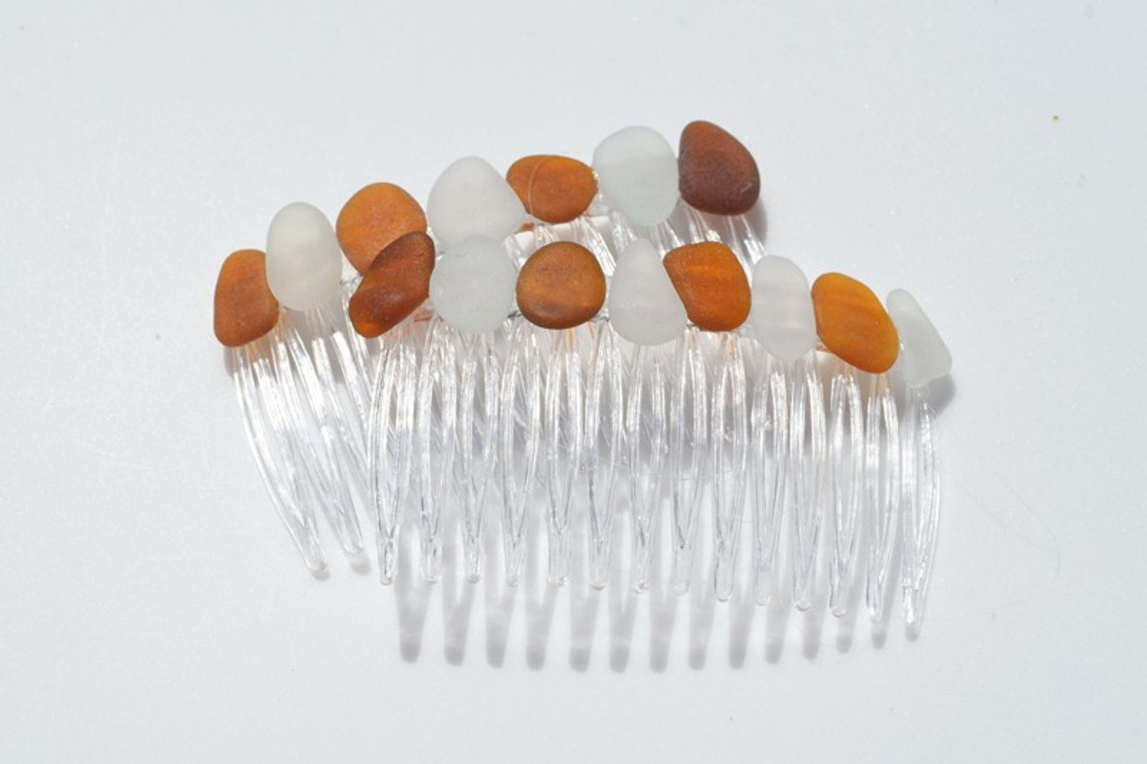 Brown and White Sea Glass Hair Combs