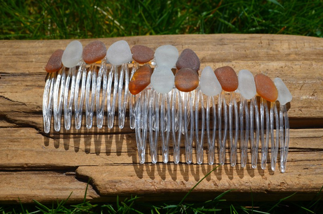 Amber Brown and Frosted Surf-Tumbled Sea Glass Hair Combs (Quantity of 2) - Made to Order