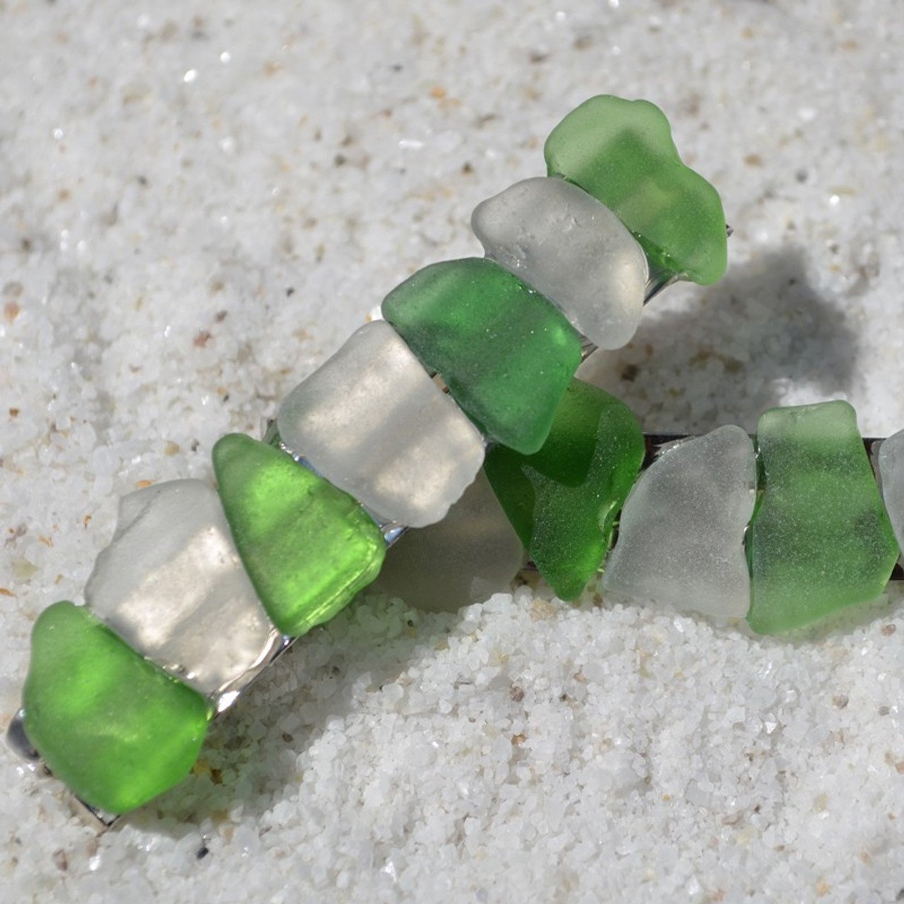 White and Green Sea Glass Barrettes