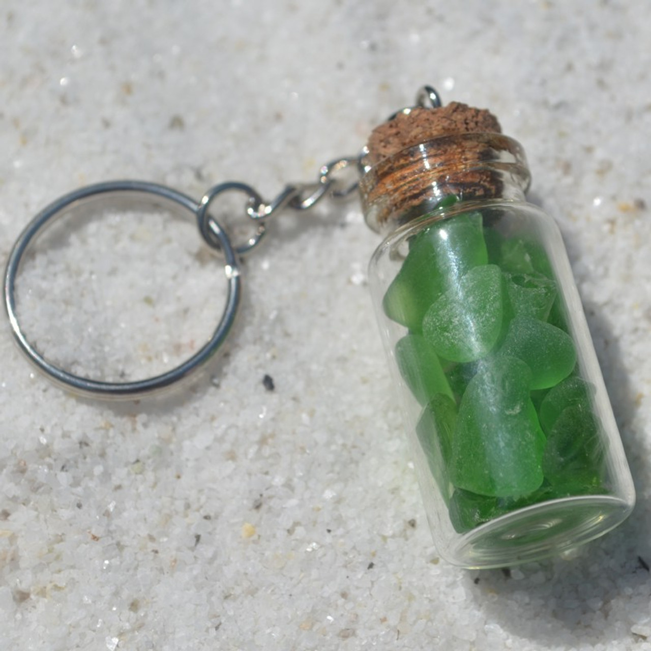 Green Sea Glass in a Glass Vial Key Chain 
