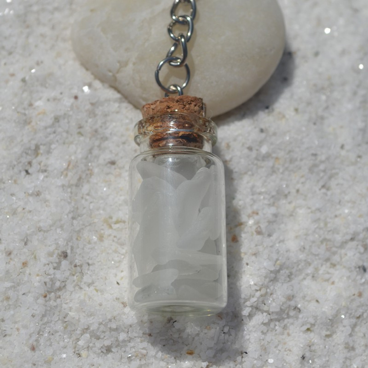 White Sea Glass in a Glass Vial Key Chain