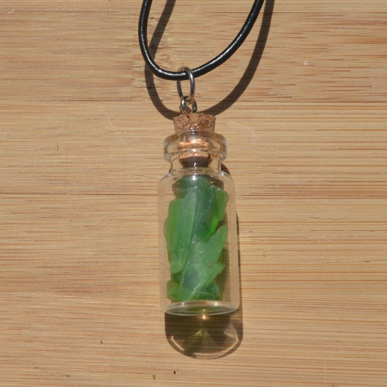 Green Sea Glass Necklace in a Glass Vial on a Leather Cord - Made to Order
