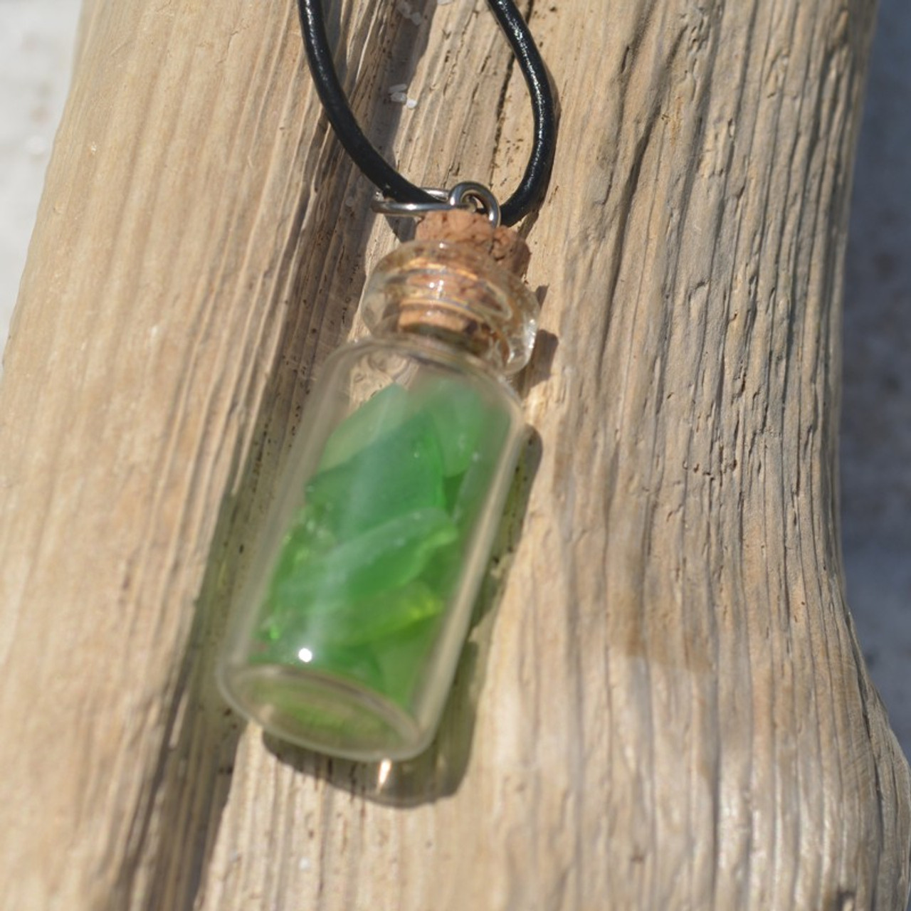 Green Sea Glass Necklace in a Glass Vial