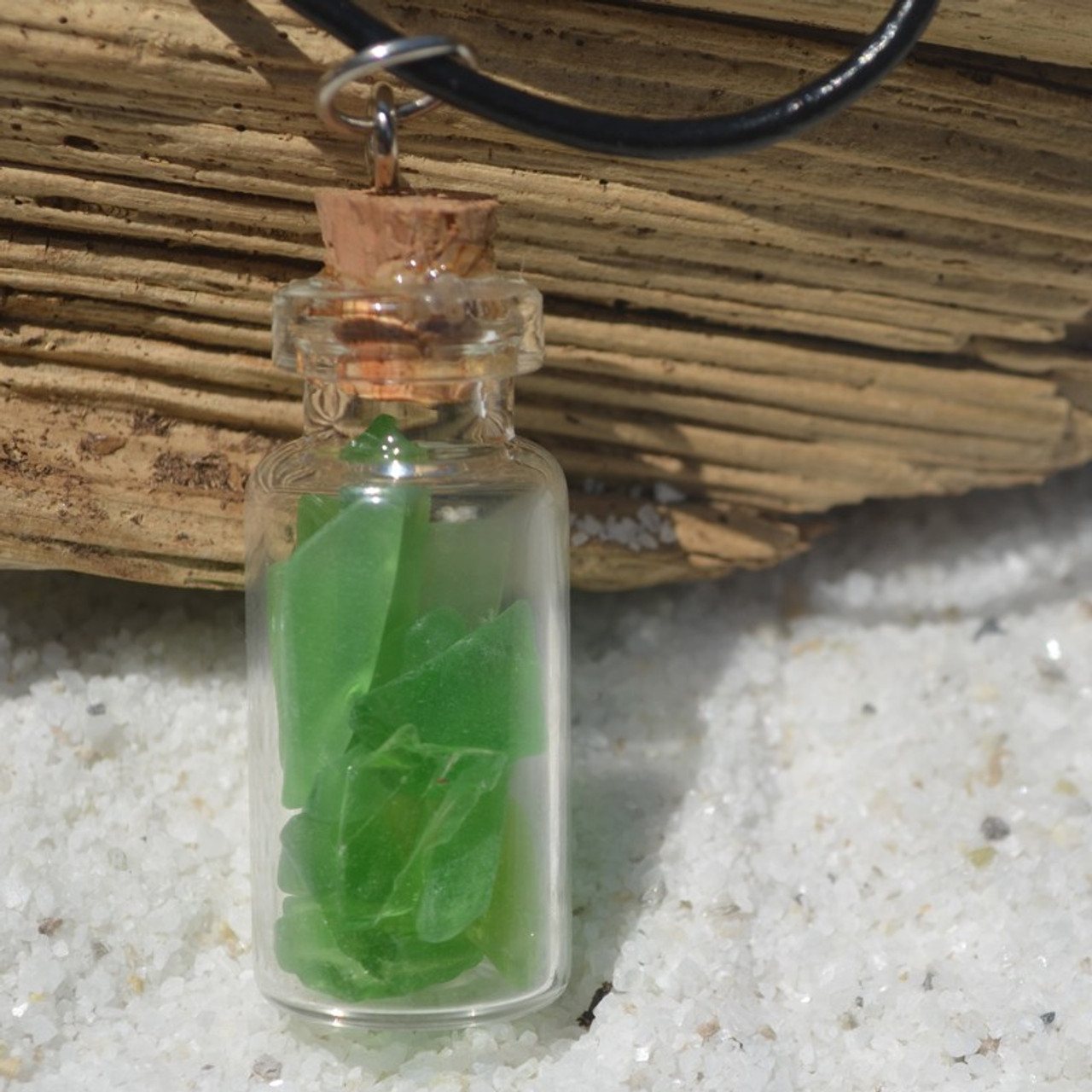 Green Sea Glass Necklace in a Glass Vial