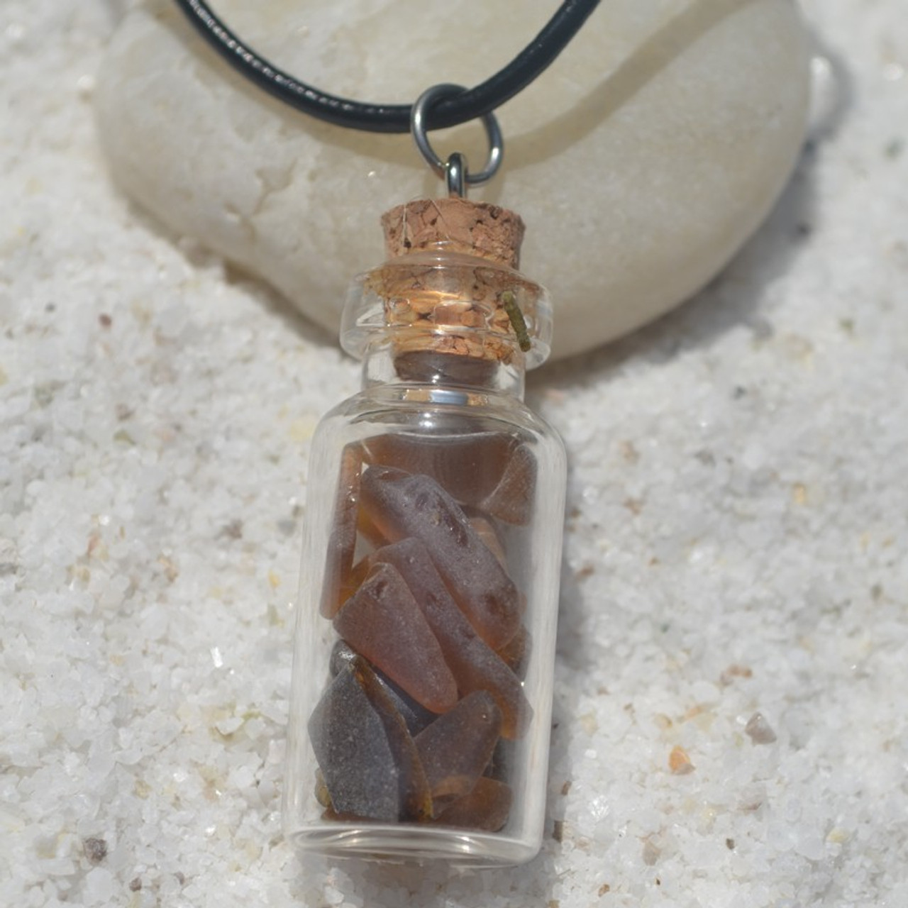 Brown Sea Glass Necklace in a Glass Vial