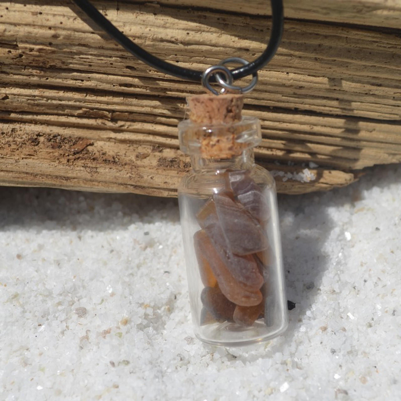 Brown Sea Glass Necklace in a Glass Vial