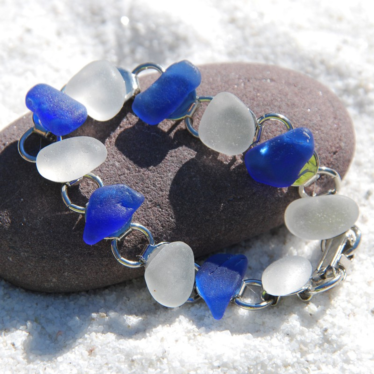 Frosted White and Cobalt Blue Sea Glass Bracelet