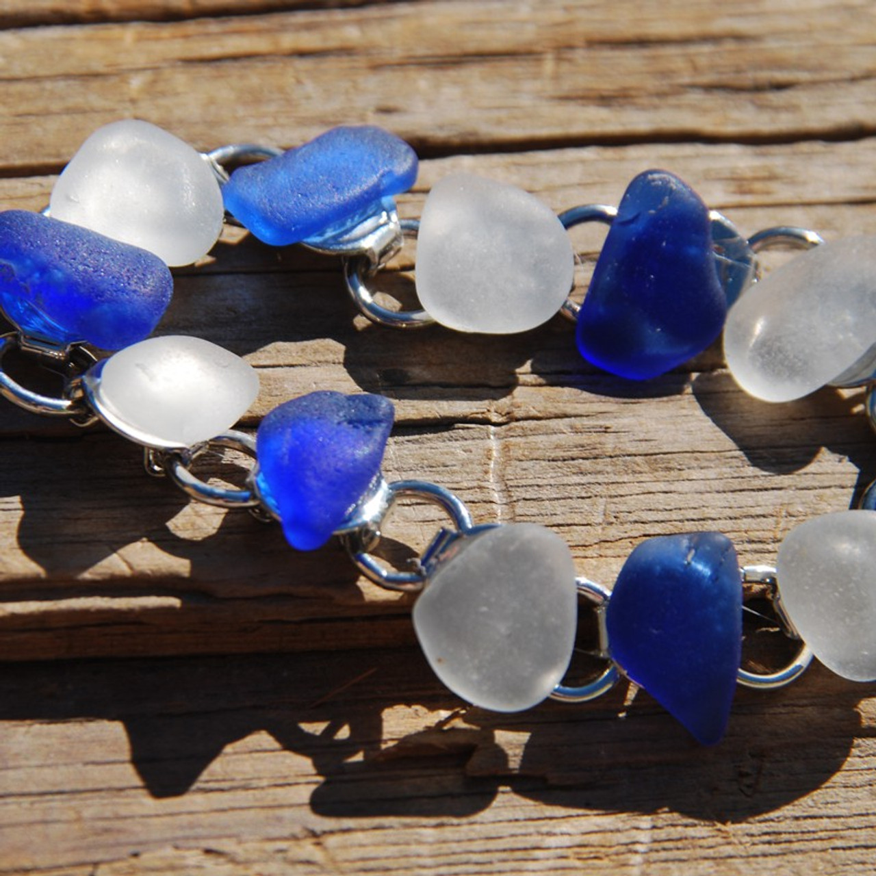 Frosted White and Cobalt Blue Sea Glass Bracelet