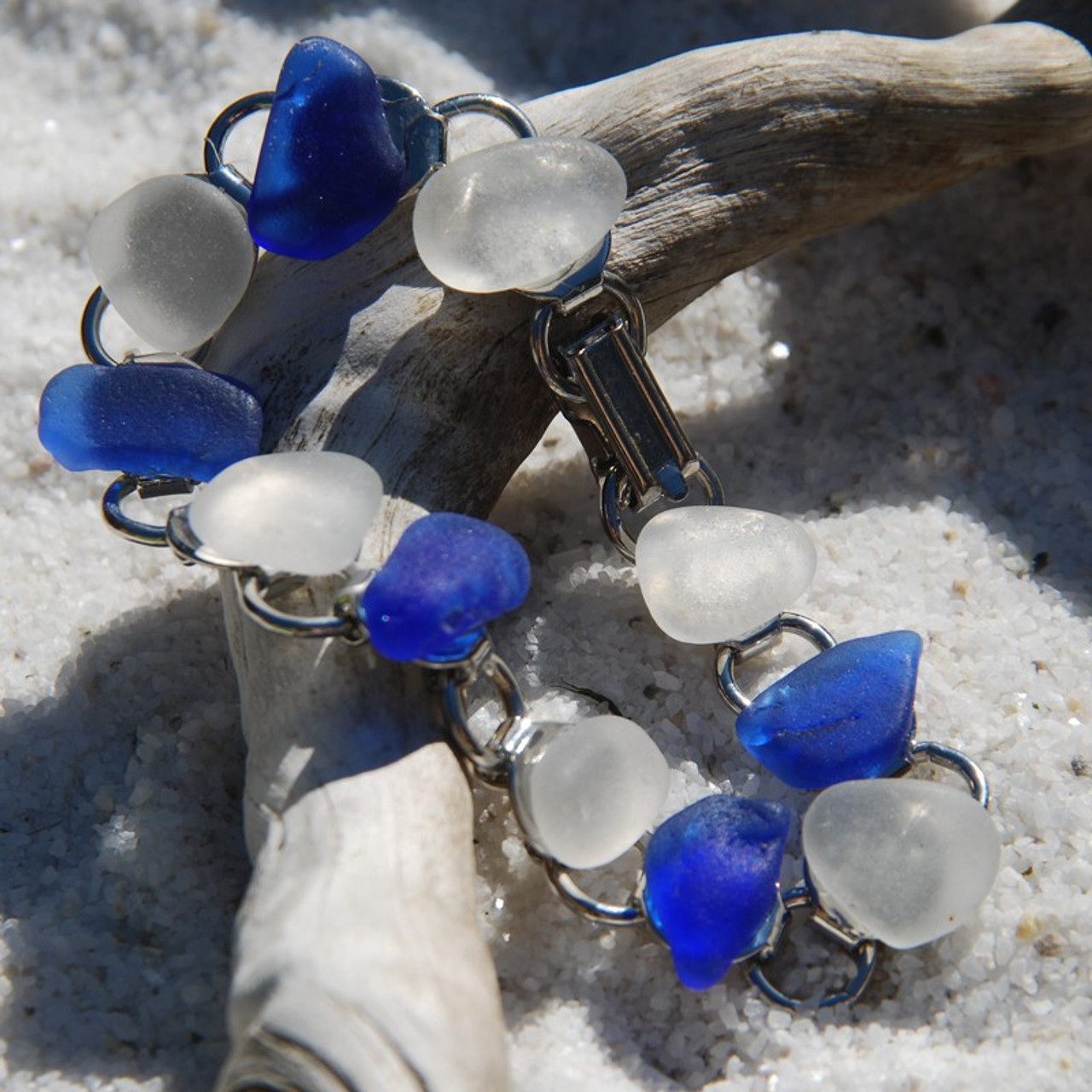 White and Cobalt Blue Sea Glass Bracelet